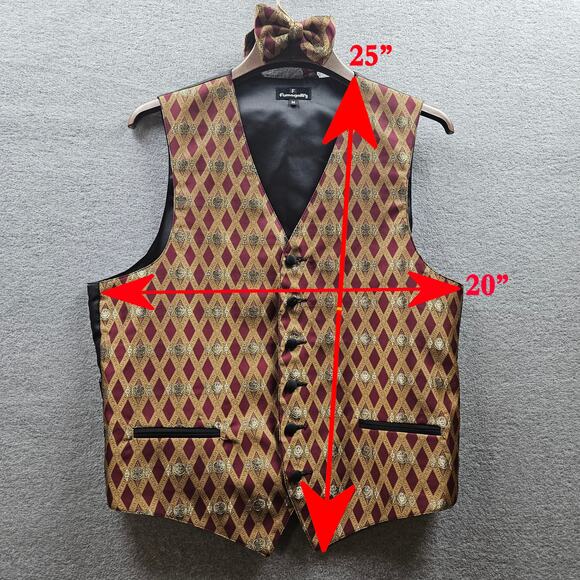 FUMAGALLI Burgandy Gold Polyester Medium Formal Waistcoat Vest Matching Bow Tie - Picture 7 of 8